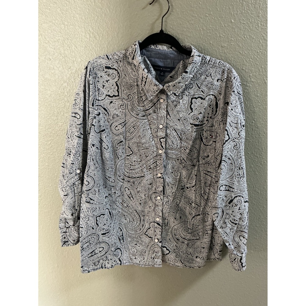 Tommy Hilfiger Womens 1X Black White Paisley Cotton Button Down Roll Tab Shirt